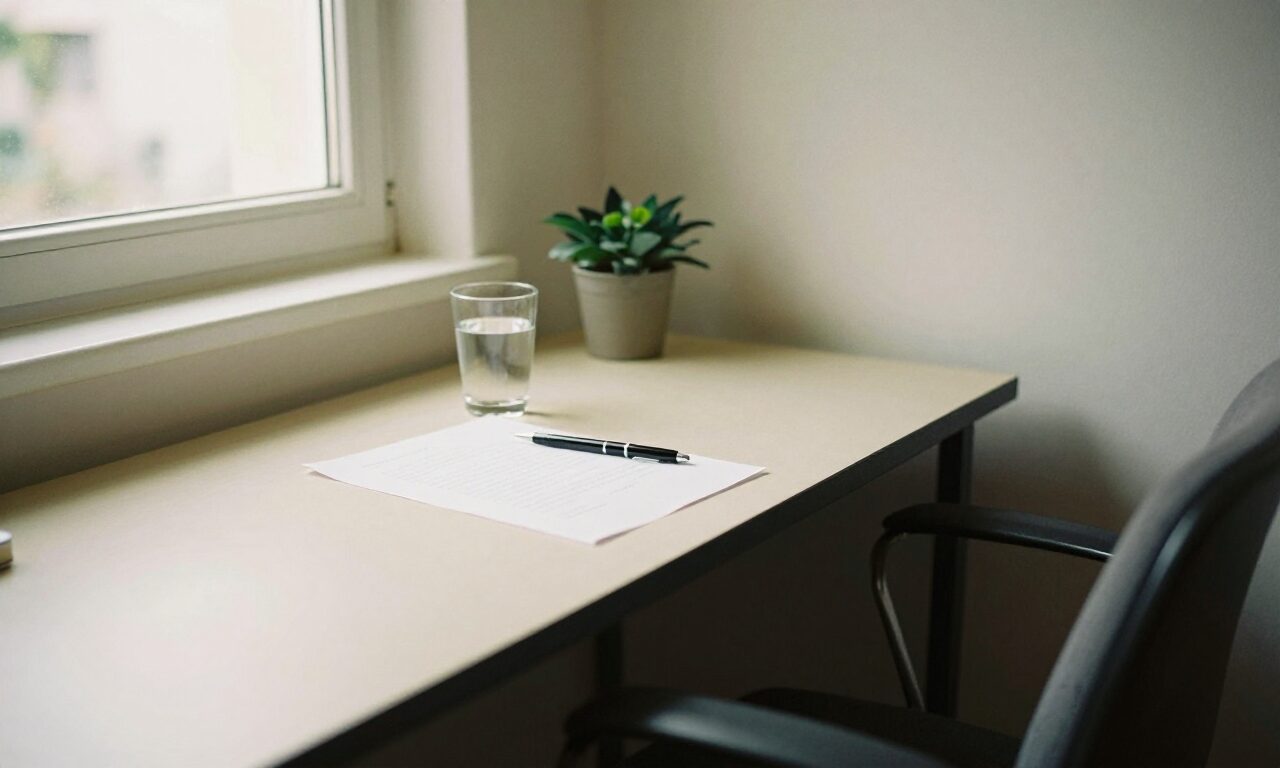 Una mesa de consulta con un bolígrafo sobre una hoja en blanco y una silla acercada al otro lado