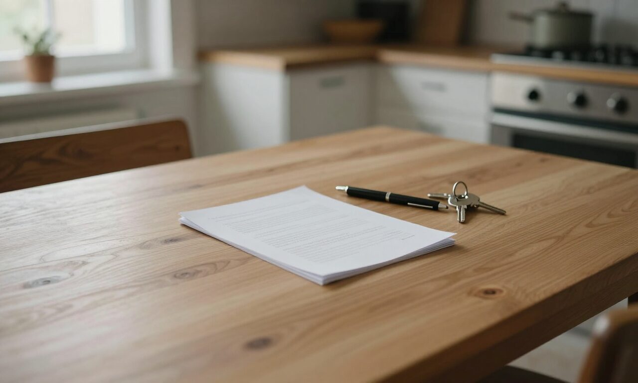 Un documento doblado y un bolígrafo sobre la mesa de la cocina en casa de un cliente, con luz de la mañana