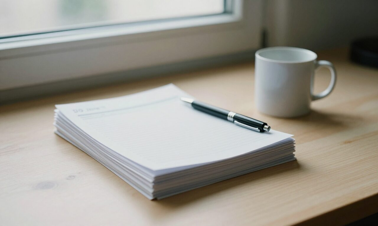 Una pila ordenada de registros impresos sobre un escritorio, junto a una taza