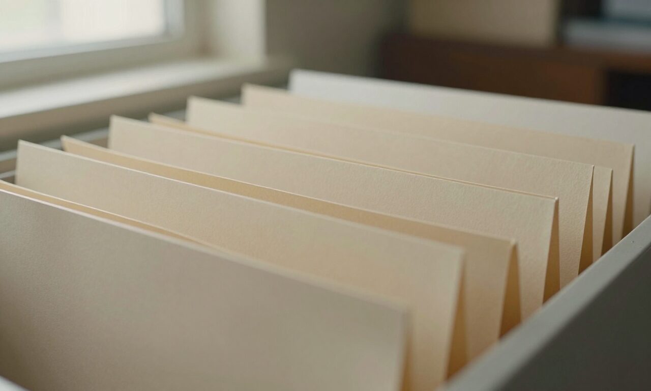 Un cajón archivador abierto con una fila de carpetas colocadas en orden