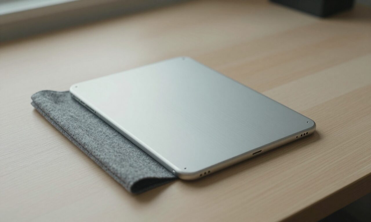 Una tableta plana boca abajo sobre un escritorio, junto a la funda de fieltro de la que acaba de salir