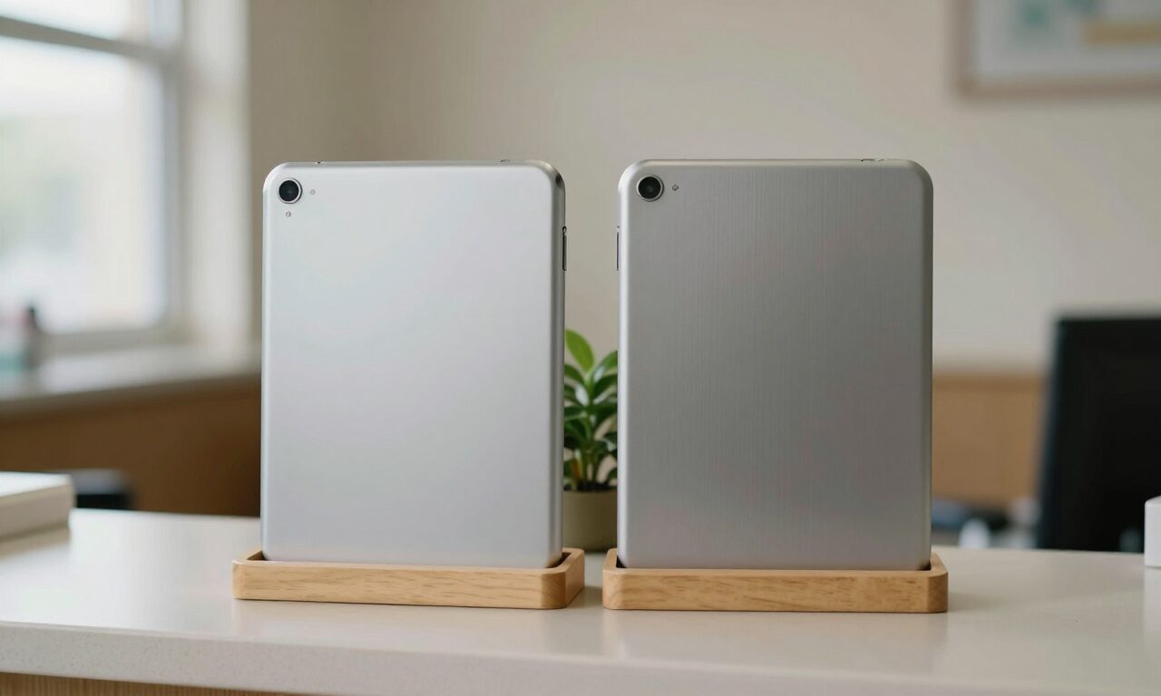 Dos tabletas en soportes de madera, una junto a la otra, sobre el mostrador de recepción de una consulta