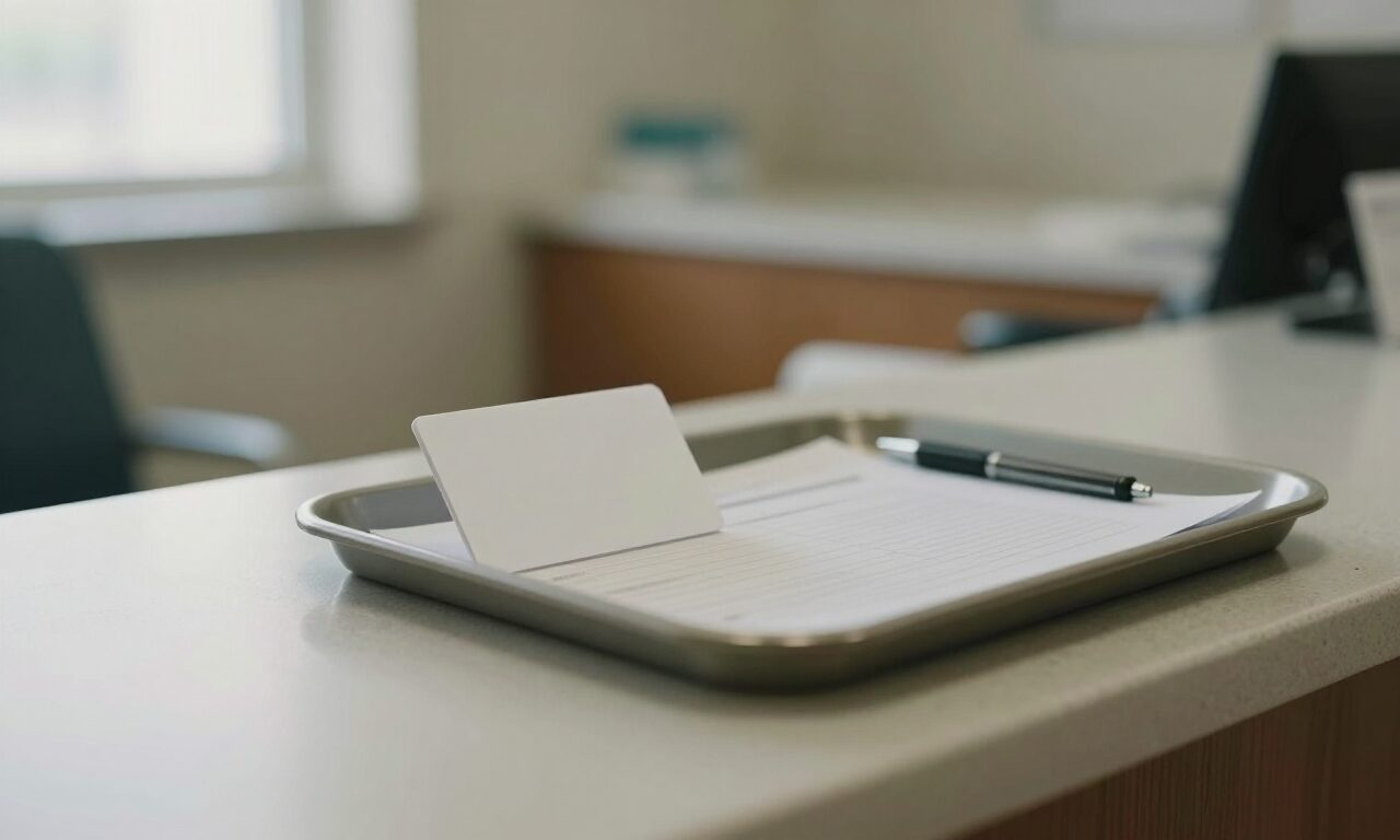 Una tarjeta de plástico en blanco y un documento doblado en una bandeja, en el mostrador de recepción de una clínica