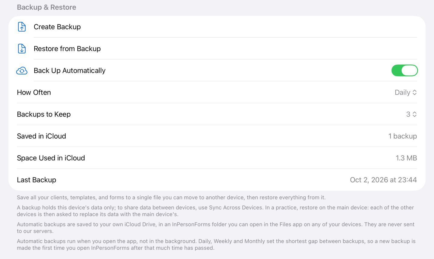 Back Up Automatically switched on, with How Often, Backups to Keep, and the last backup