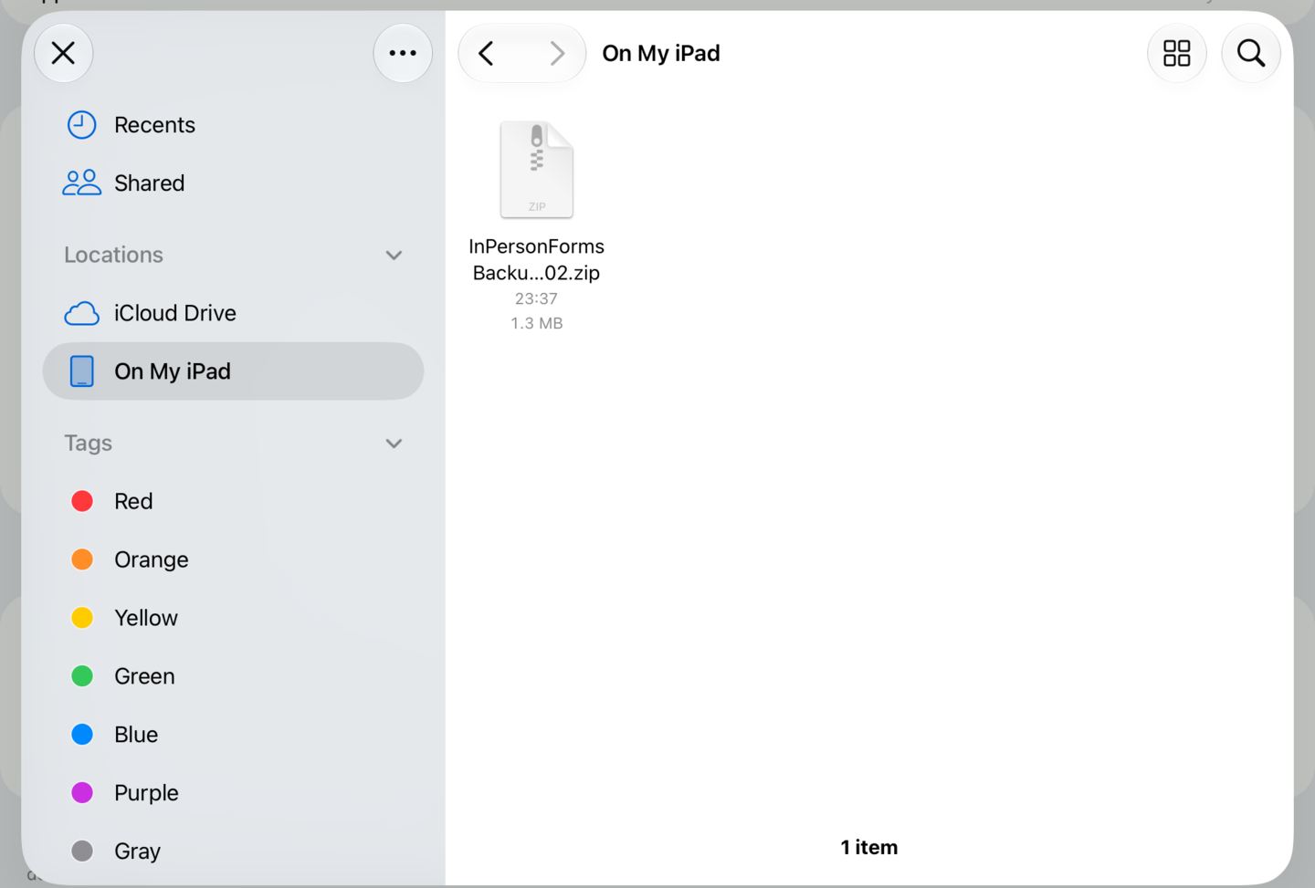 The Files picker open on a saved backup zip