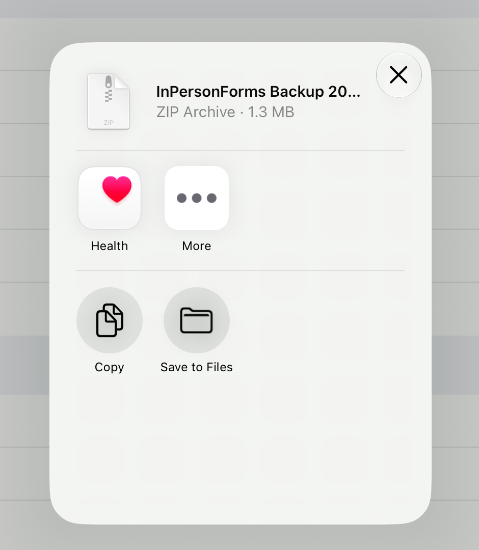 The share sheet after Create Backup, offering the backup zip with Copy and Save to Files