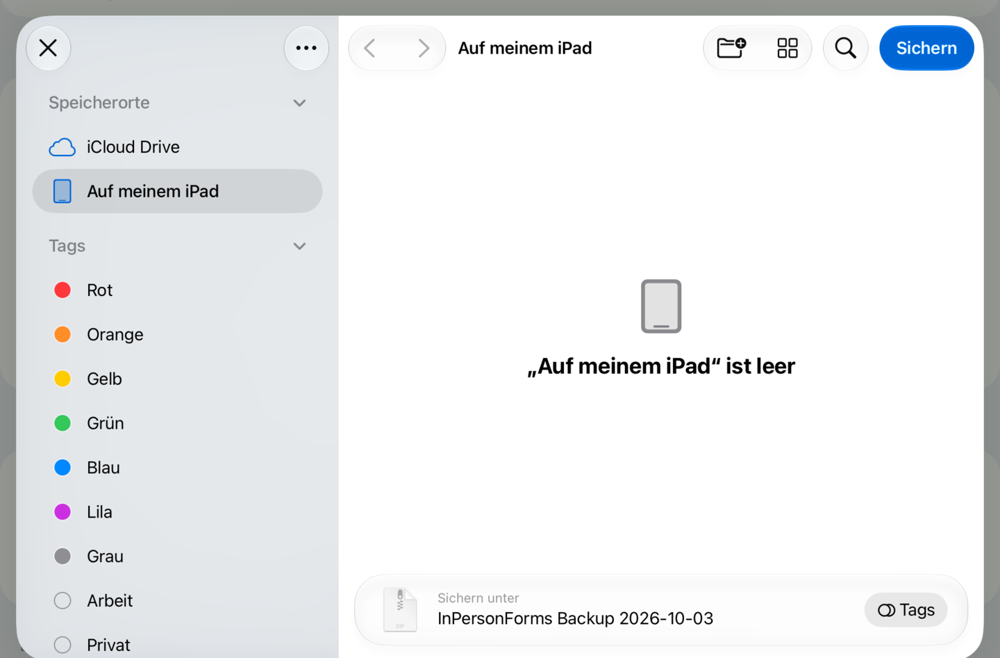 „In Dateien sichern“ mit dem Backup, das „InPersonForms Backup“ und das Datum im Namen trägt