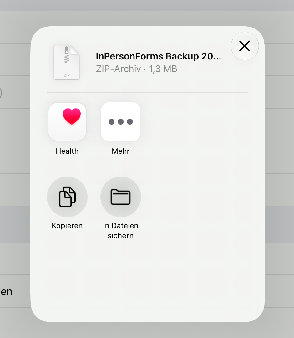 Das Teilen-Menü nach „Backup erstellen“, mit der Backup-Zip-Datei und den Optionen „Kopieren“ und „In Dateien sichern“