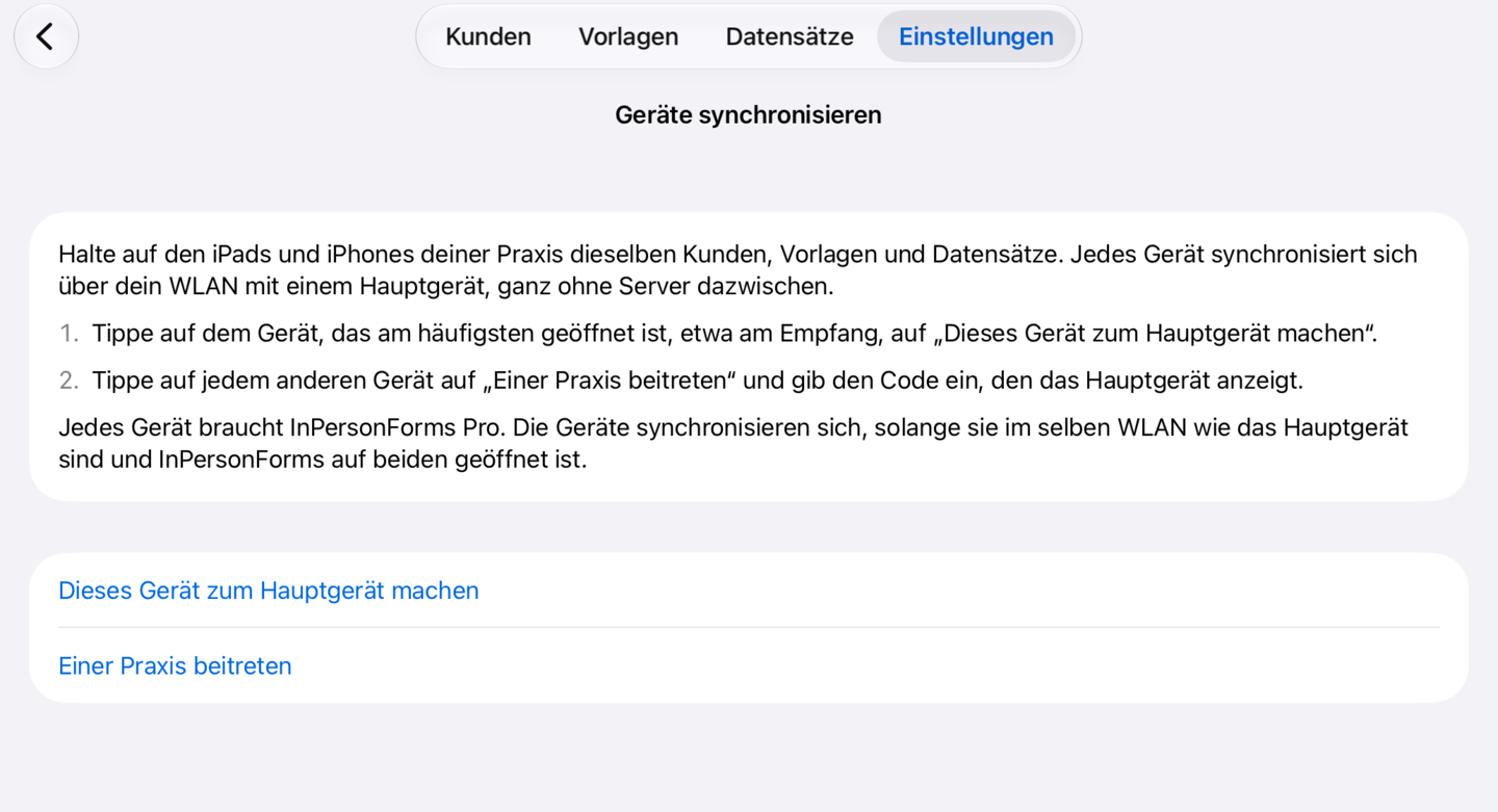 „Geräte synchronisieren“ vor der Einrichtung, mit „Dieses Gerät zum Hauptgerät machen“ und „Einer Praxis beitreten“