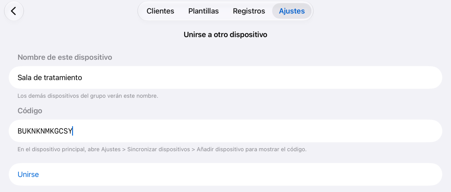 Unirse a otro dispositivo en el segundo iPad, con el nombre del dispositivo y el código ya introducido