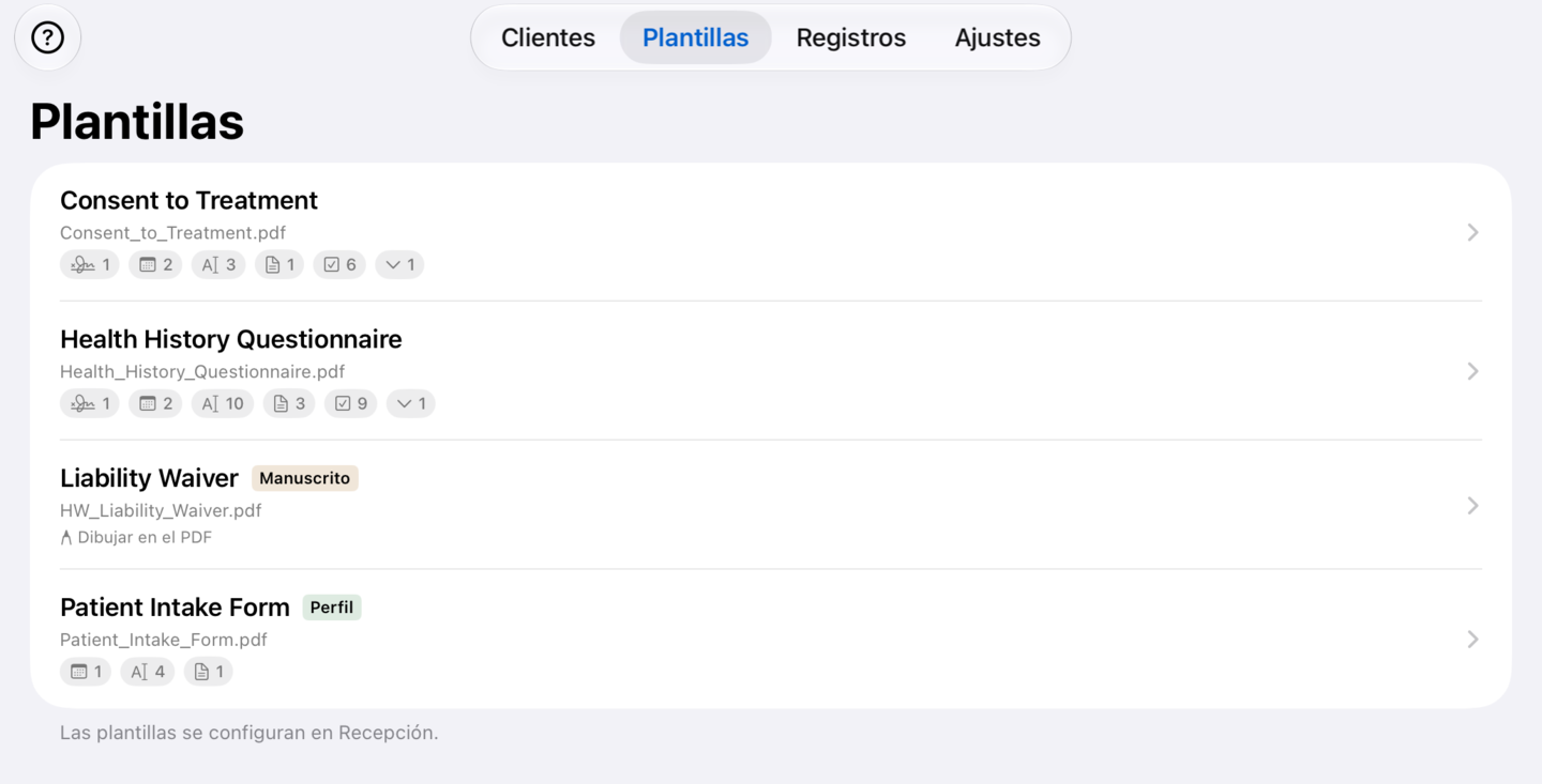 La pestaña Plantillas en un dispositivo secundario, sin botón para añadir y con la nota de que las plantillas se configuran en Recepción, el dispositivo principal