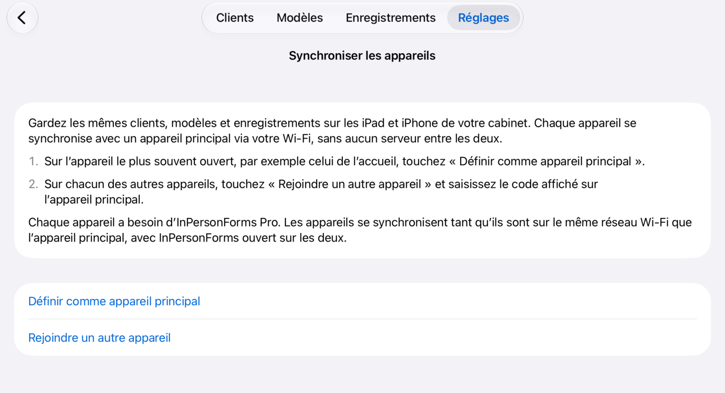 Synchroniser les appareils avant la configuration, avec Définir comme appareil principal et Rejoindre un autre appareil