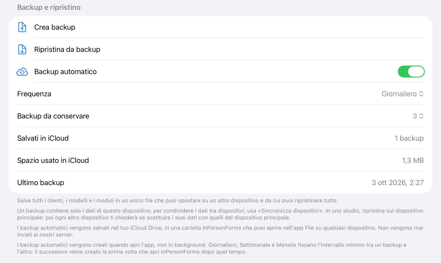Backup automatico attivo, con Frequenza, Backup da conservare e l'ultimo backup