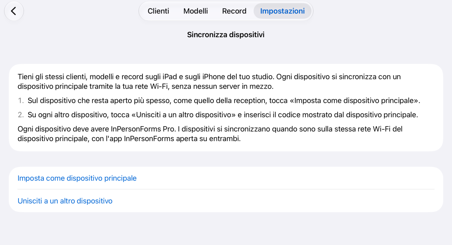 Sincronizza dispositivi prima della configurazione, con Imposta come dispositivo principale e Unisciti a un altro dispositivo