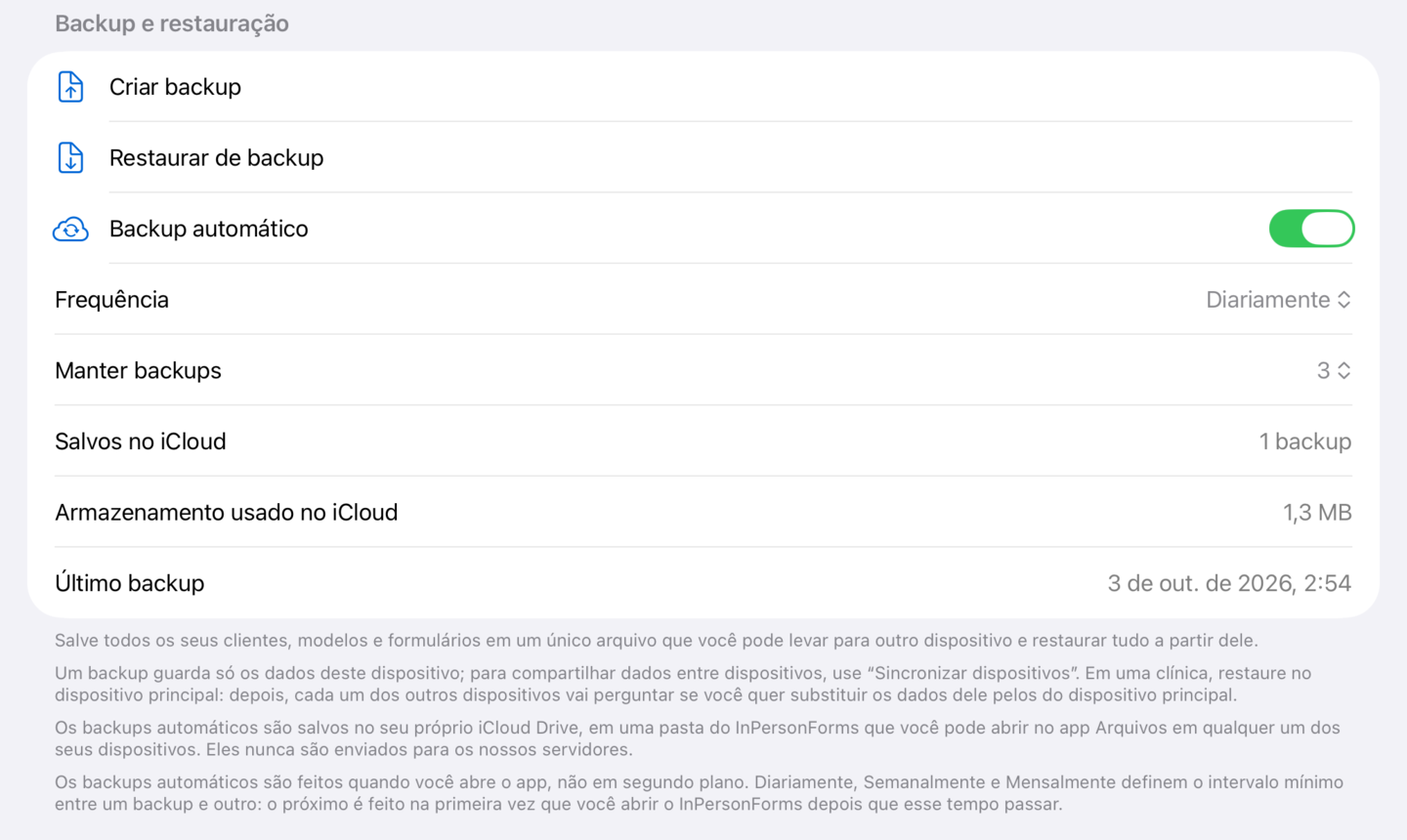 Backup automático ligado, com Frequência, Manter backups e o último backup