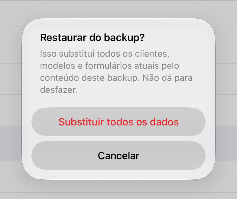 A confirmação de Restaurar de backup, com Substituir todos os dados e Cancelar
