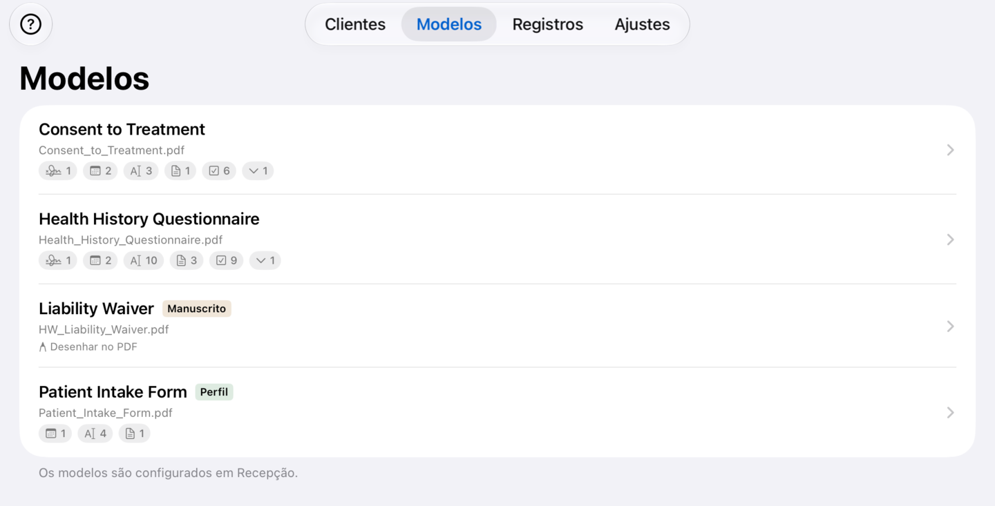 A aba Modelos num aparelho conectado, sem o botão de adicionar e com o aviso de que os modelos são configurados em Recepção