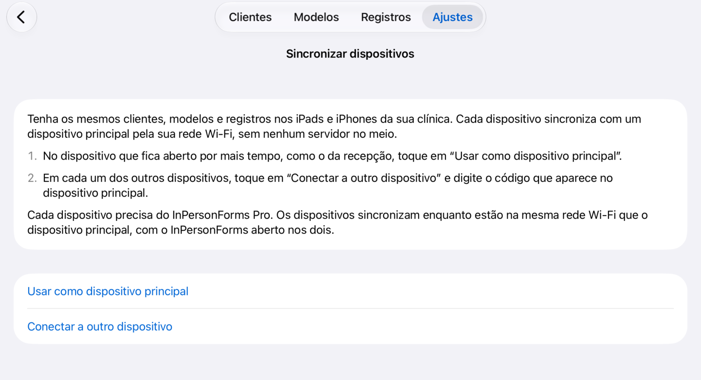 A tela Sincronizar dispositivos antes da configuração, com as opções Usar como dispositivo principal e Conectar a outro dispositivo