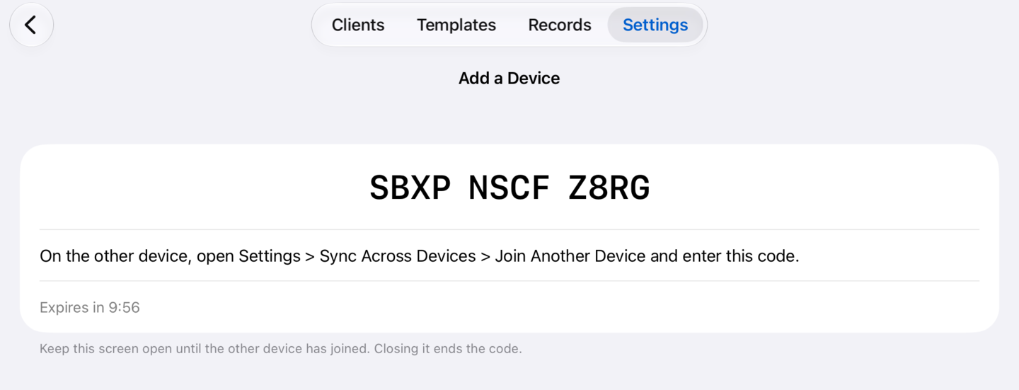 The main device showing a pairing code in three groups of four, and how long it has left