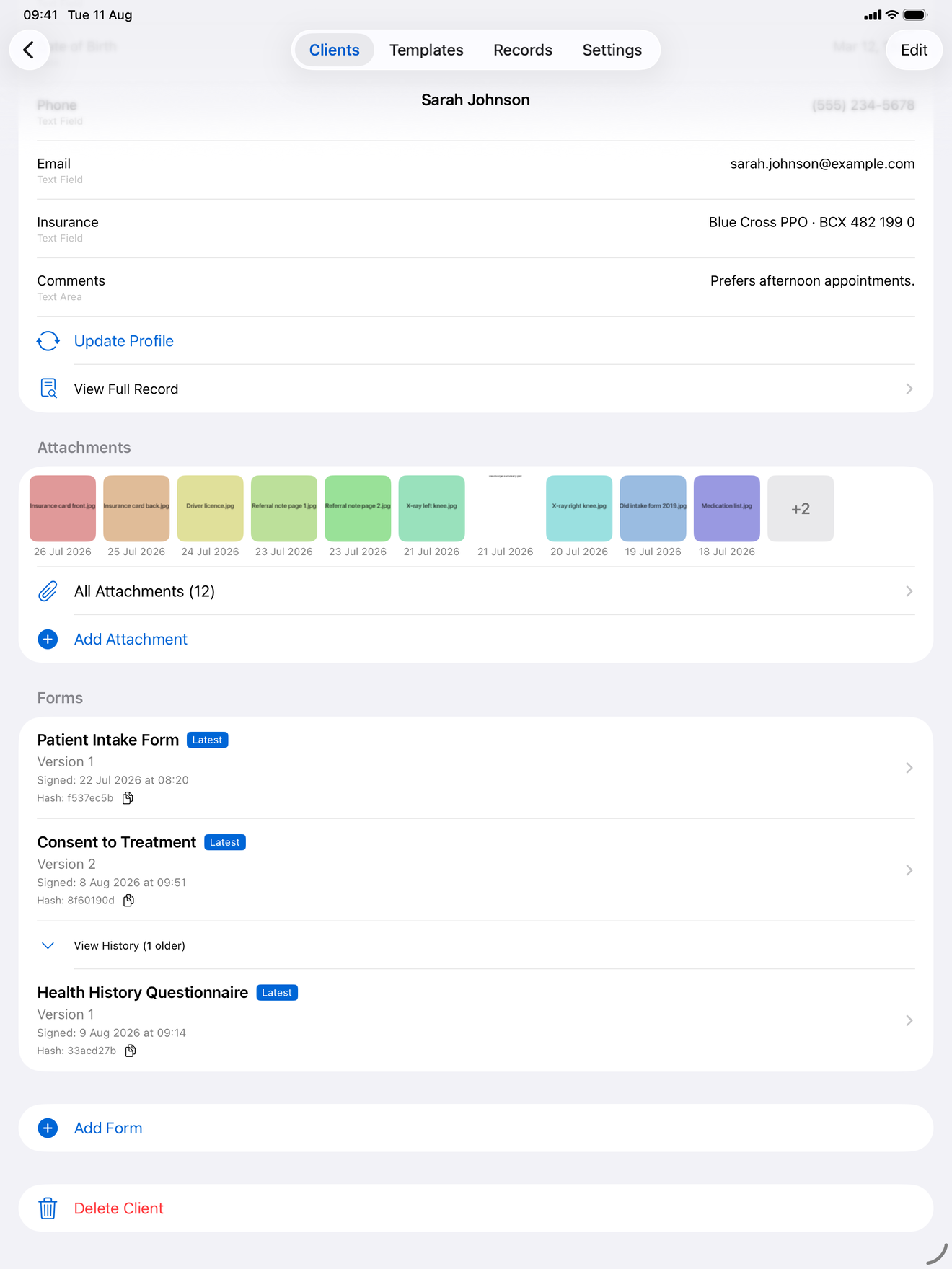 InPersonForms client record showing attached photos and documents