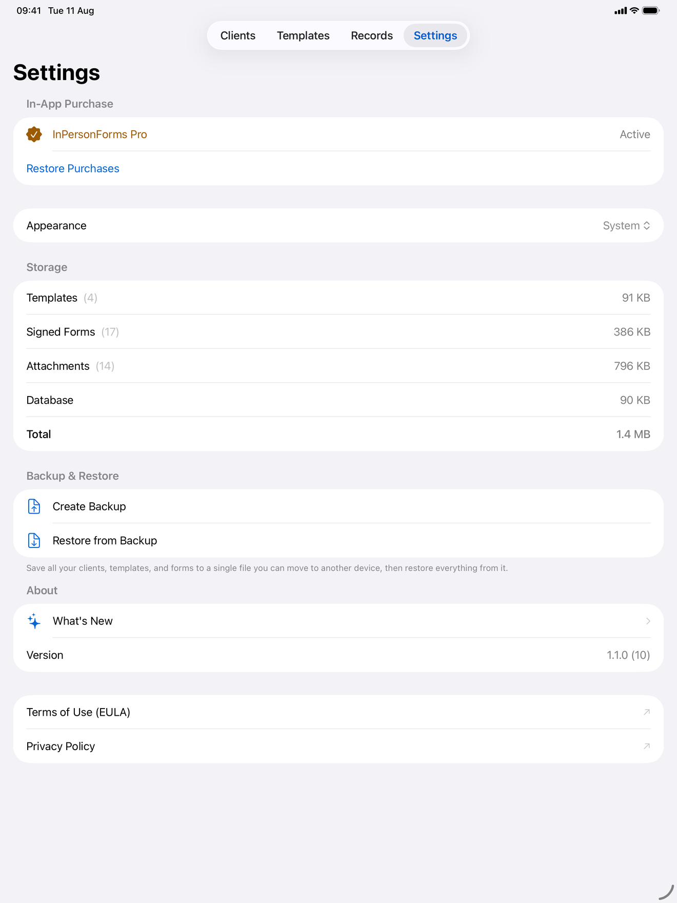 InPersonForms settings screen showing backup and restore