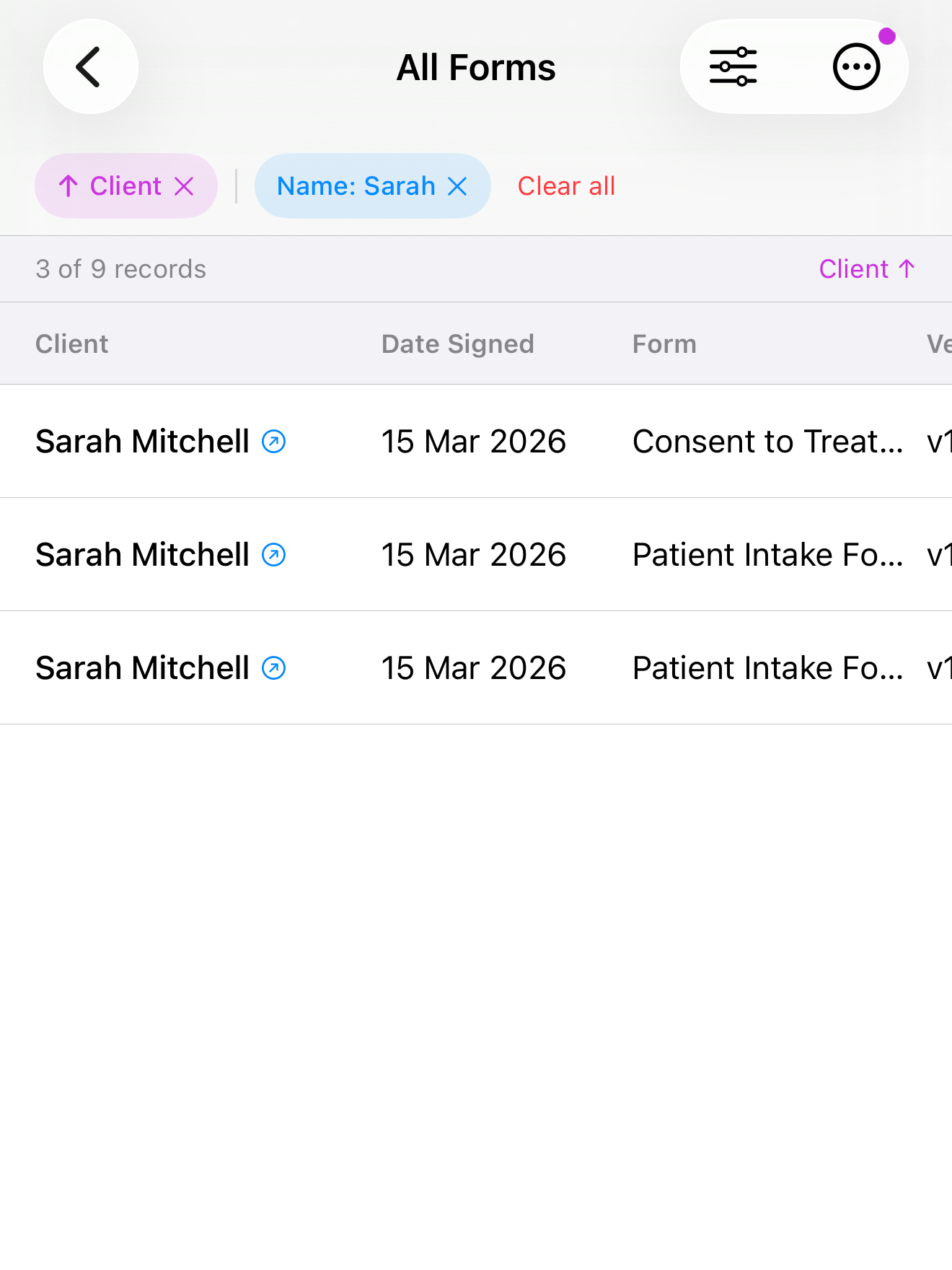 InPersonForms submission detail showing version history