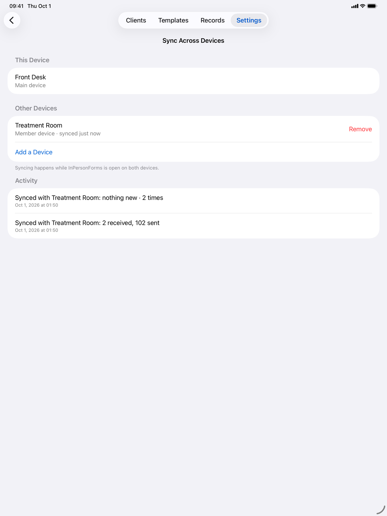 InPersonForms Sync Across Devices screen in Settings, showing the main device and another device that has just synced