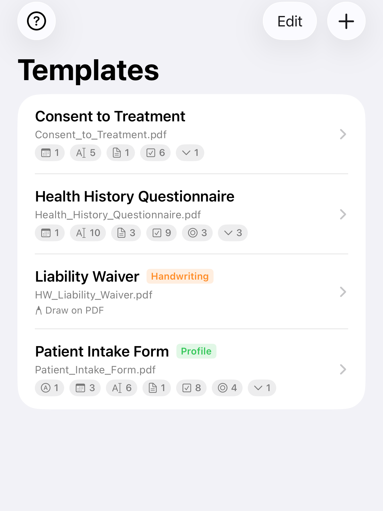 InPersonForms template editor showing PDF with field overlays
